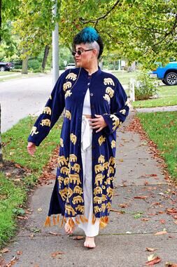Handmade Navy Velvet Elephant Duster, Gold Tassel Fringe + Matching Bag & Shoes